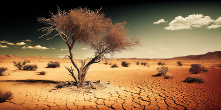 Drought. A withered tree on a withered ground. Ai generativeの写真素材