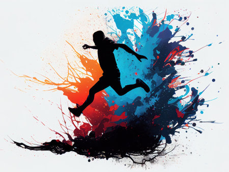 Silhouette of a running, jumping person on an abstract background. Ai generativeの写真素材