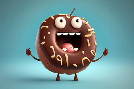 Cartoon happy donut character in chocolate. Ai generativeの写真素材
