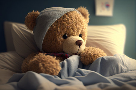 A sick teddy bear lies in a bed. Ai generative.の写真素材