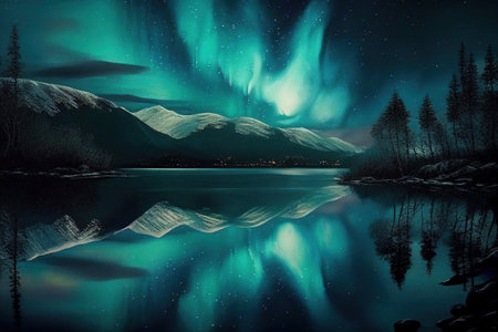 Beautiful northern lights reflecting in the water. Ai generative.の写真素材