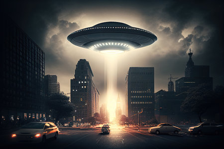 UFO hovering over the city at night. Ai generativeの写真素材