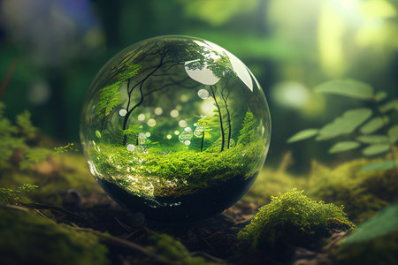 Forest in summer seen in a glass ball. Ai generativeの写真素材