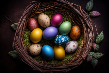 Colorful Easter eggs in a wicker basket. Ai generative.の写真素材