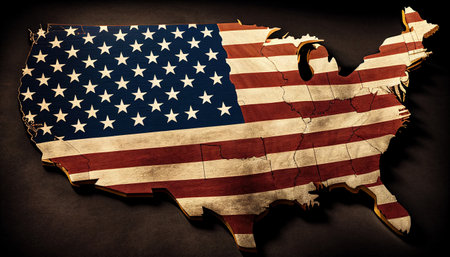 American flag on a wooden board in the shape of the country of America. Ai generativeの写真素材