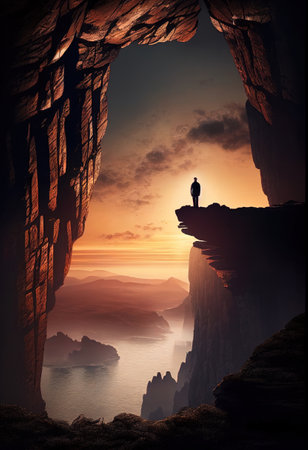 Silhouette of a man standing on a rock ledge against the background of the setting sun. Ai generative.の写真素材