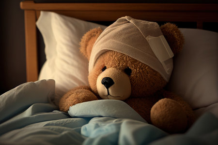 Sick teddy bear lying in bed. Ai generative.の写真素材