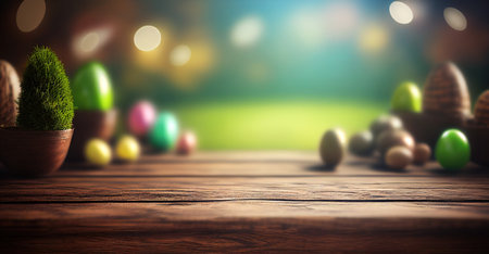 Easter eggs on wooden table in front of bokeh backgroundの素材