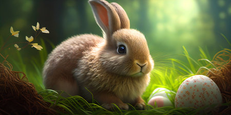 Adorable Bunny With Easter Eggs In Flowery Meadow. Ai generativeの素材