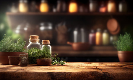 Empty wooden desk with blurry rustic kitchenbackground. Frame product display stand nature background concept. Generative AI.の素材