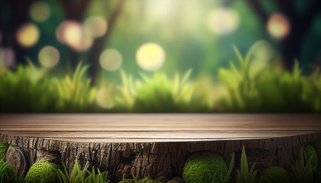 Empty wooden desk with blurry nature background. Frame product display stand nature background concept. Generative AI.の素材