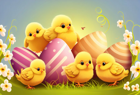 Easter illustration with chicks and Easter eggs. Ai generative.の素材