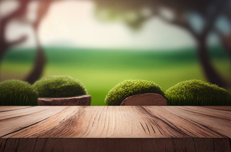 Empty wooden desk with blurry nature background. Frame product display stand nature background concept. Generative AI.の素材