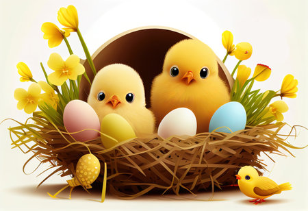 Easter illustration with chicks and Easter eggs. Ai generative.の素材
