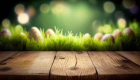 Easter background with grass, eggs and bokeh lights.の素材