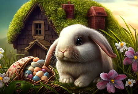 Adorable Bunny With Easter Eggs In Flowery Meadow. Ai generativeの素材