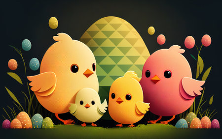 Easter illustration with chicks and Easter eggs. Ai generative.の素材