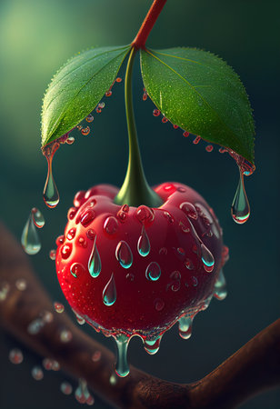 Fresh juicy cherries with water drops on dark light background. Generative AI.の素材