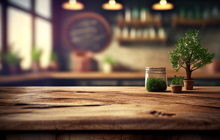 Empty wooden desk with blurry rustic kitchenbackground. Frame product display stand nature background concept. Generative AI.の素材