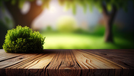 Empty wooden desk with blurry nature background. Frame product display stand nature background concept. Generative AI.の素材