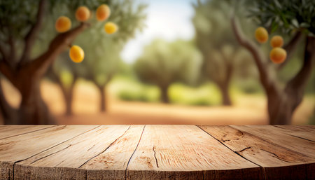 Empty wood table with free space over orange tree. Ai generativeの素材