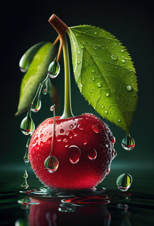 Fresh juicy cherries with water drops on dark light background. Generative AI.の素材