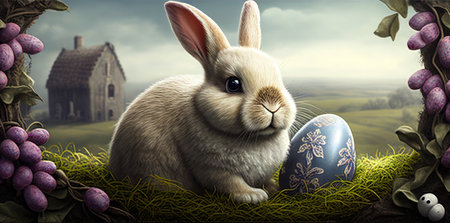 Adorable Bunny With Easter Eggs In Flowery Meadow. Ai generativeの素材