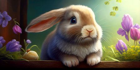 Adorable Bunny With Easter Eggs In Flowery Meadow. Ai generativeの素材