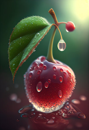 Fresh juicy cherries with water drops on dark light background. Generative AI.の素材