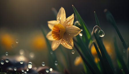 Close up of a single daffodil in beautiful morning sunlight. Ai generative.の素材