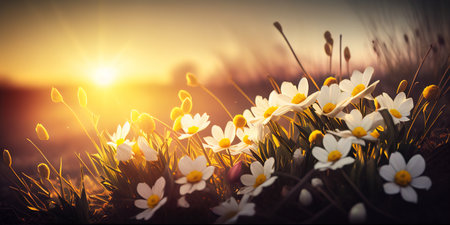 Close-up of wild white flowers in a meadow in the rays of the rising or setting sun. Ai generativeの素材