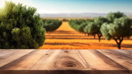 Empty wooden table for product display montages with olive trees in backgroundの素材