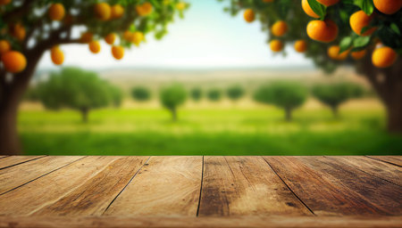 Wooden table against orange trees in orange grove on a sunny dayの素材