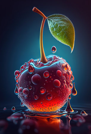 Fresh juicy cherries with water drops on dark light background. Generative AI.の素材