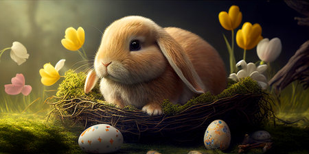 Adorable Bunny With Easter Eggs In Flowery Meadow. Ai generativeの素材