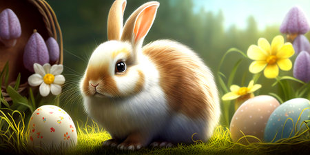 Adorable Bunny With Easter Eggs In Flowery Meadow. Ai generativeの素材