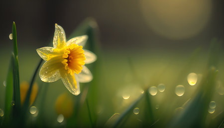 Close up of a single daffodil in beautiful morning sunlight. Ai generative.の素材