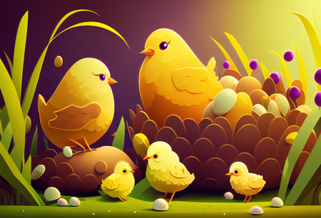 Easter illustration with chicks and Easter eggs. Ai generative.の素材