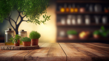 Empty wooden desk with blurry rustic kitchenbackground. Frame product display stand nature background concept. Generative AI.の素材