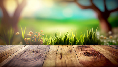 Wooden table with grass and bokeh background. For product displayの素材