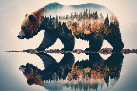 Double exposure of brown bear walking in the forest with reflection on the waterの素材