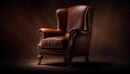 Brown leather armchair on a dark background with copy space for your textの素材