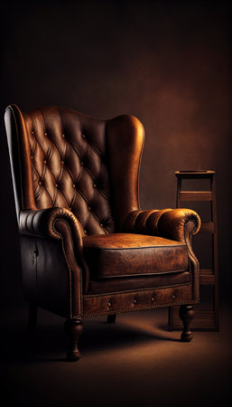 Luxury leather armchair with armrest on dark background.の素材