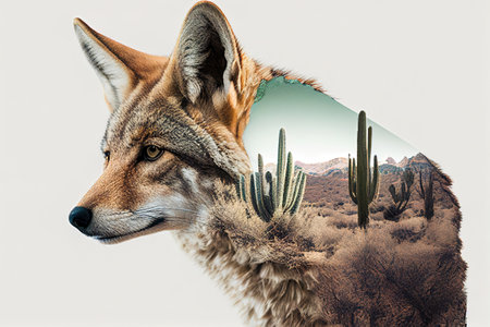 The jackal and the desert. double exposure. Ai generativeの素材