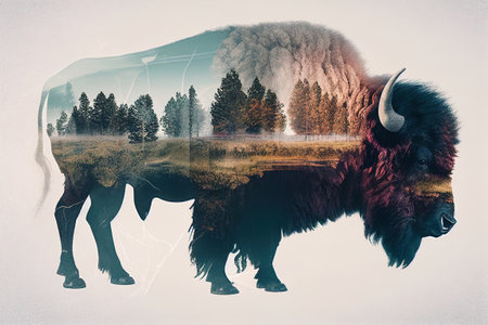 Bison and wild nature. double exposure. Ai generativeの素材