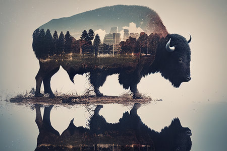 Bison and a city view. double exposure. Ai generativeの素材
