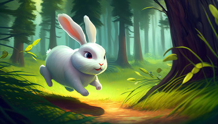White cartoon rabbit runs in the forest. Ai generativeの素材