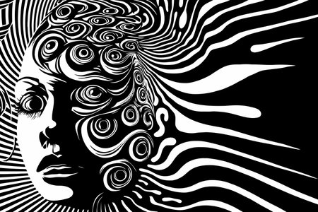 Psychedelic abstract black and white female face made of black contour lines.の写真素材