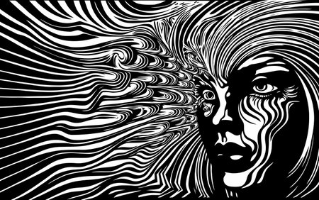 Psychedelic abstract black and white female face made of black contour lines.の写真素材