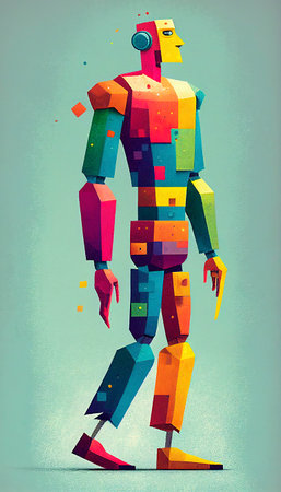 An artistic drawing of a colorful shaped man, in the style of robotics kids, abstraction - creation,indian pop culture, precisionist art. Ai generative.の素材